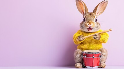 Wall Mural - A photo of a rabbit crazy playing a tambourine, isolated on a light purple background