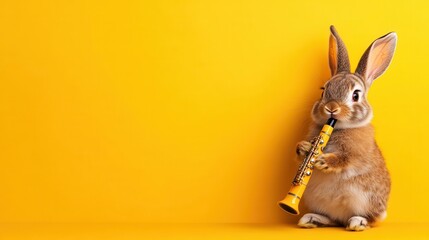 Wall Mural - A photo of a rabbit smiling playing a clarinet, isolated on a dark yellow background