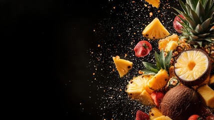 Colorful splash of tropical fruits, exploding in an empty scene with a captivating light effect highlighting pineapples, coconuts, and papayas, bringing the essence of a tropical paradise