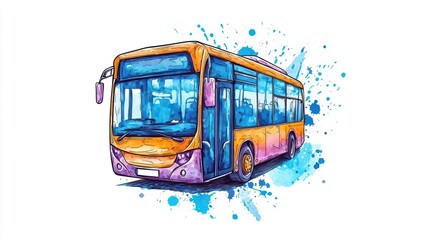 Hand drawn style watercolor illustration of a colorful city bus