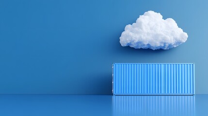 Poster - Cloud computing concept image featuring a floating cloud over a blue shipping container against a matching blue background.