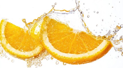 Sliced orange with a dynamic splash of juice, isolated on white, highlighting the energetic nature of citrus.