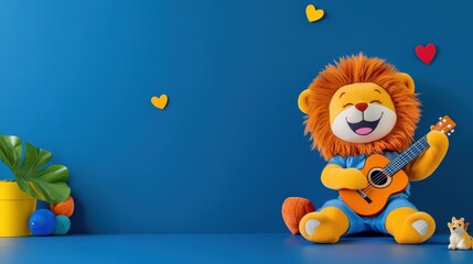 Wall Mural - A photo of, a lion happy playing a guitar, isolated on a dark blue background