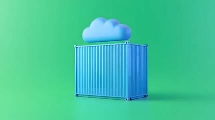 Poster - Cloud computing concept with a blue container and a cloud hovering above on a green background, representing data storage and technology.