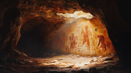 Depict ancient cave paintings or carvings, highlighting the historical and cultural significance of caves as shelters and sacred sites for early humans. 