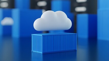 Poster - Cloud computing concept with a white cloud hovering over a blue container, representing cloud storage and modern data solutions.