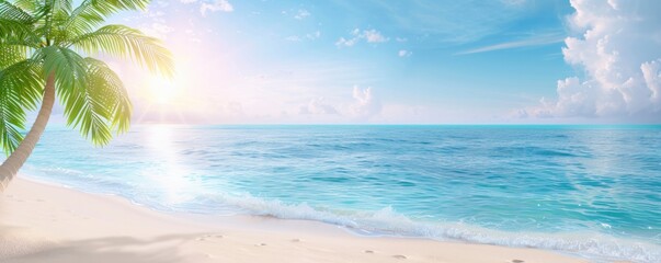 Wall Mural - panoramic view of a beautiful tropical beach with palm trees and white sand, sunset light on the water