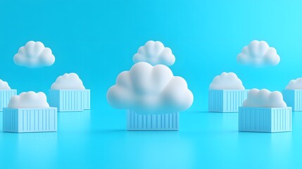 Poster - Cloud computing concept with white clouds hovering over blue containers on a modern blue background, symbolizing data storage and network solutions.