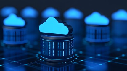 Poster - Cloud computing data storage concept with glowing blue cloud icons on server racks, symbolizing digital technology and online storage solutions.