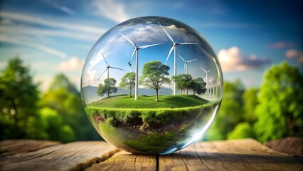 Wall Mural - a tiny world of wind power: a glass sphere encapsulating a miniature wind farm generative ai