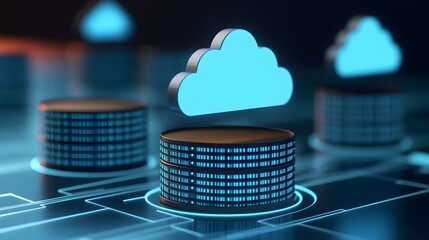 Poster - Cloud computing technology concept with data servers and cloud icons, illustrating modern digital storage and networking solutions.
