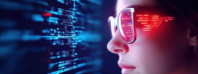 Poster - future, businesswoman in a futuristic setting, utilizing advanced data technologies, neon lighting