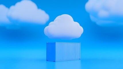 Cloud storage concept represented by a white cloud floating above a blue container against a blue sky background.