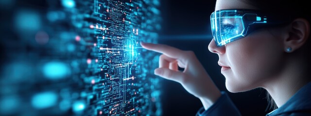 Poster - future, futuristic executive businesswoman, interacting with ai assistants, in a technologically adv