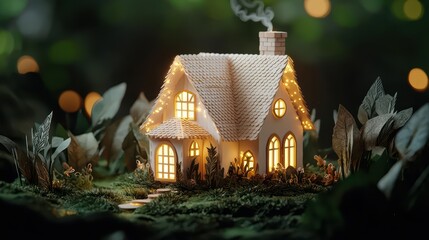 Paper art house with whimsical, enchanted forest design and intricate details glowing with magical light effects, surrounded by fluttering ribbons and vintage decorations