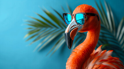 Flamingo with sunglasses in a tropical setting