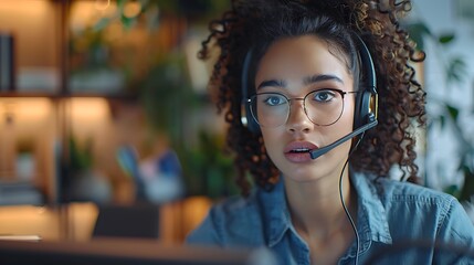 Wall Mural - A customer service agent, wearing a headset, receiving a phone call with a concerned look, seated at a desk in a modern office. The background includes shelves with books and office supplies,