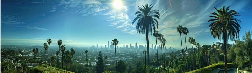 Wall Mural - the skyline of los angeles, seen from beverly hills, sunny, palm trees