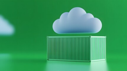 Poster - Conceptual image of a cloud hovering above a shipping container on a green background, symbolizing cloud computing and data storage.