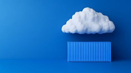 Poster - Conceptual image of cloud computing and container technology, featuring a cloud and a shipping container in a blue background.