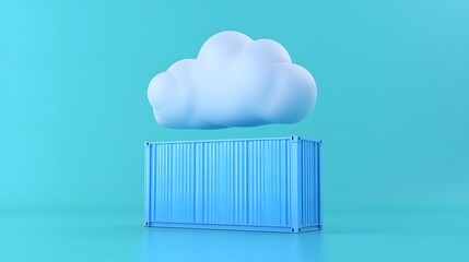 Poster - Conceptual image of cloud computing with a blue shipping container and a white cloud on a light blue background.