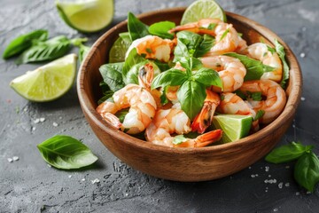 A wooden bowl filled with shrimp and vegetables