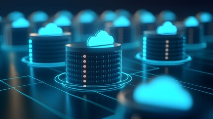 Poster - Data servers with cloud storage icons representing cloud computing technology and data management in a futuristic digital environment.