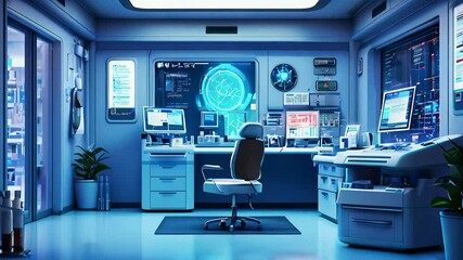 Poster - Explore a modern control room filled with advanced technologies and screens, showcasing a sleek design and organized workspace during the evening