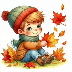 Wall Mural - Cute cartoon child with autumn leaves on white background. AI