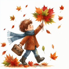 Wall Mural - Cute cartoon child with autumn leaves on white background. AI