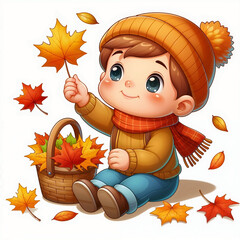 Wall Mural - Cute cartoon child with autumn leaves on white background. AI