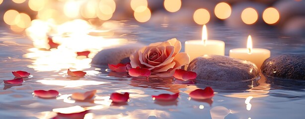 Poster - A serene scene of floating candles, rose petals, and smooth stones, creating a tranquil ambiance of relaxation and romance.