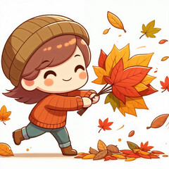 Wall Mural - Cute cartoon child with autumn leaves on white background. AI