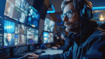 Canvas Print - A dedicated tech support agent, assisting a customer via video call, in a high-tech office with multiple monitors and computer equipment. Natural lighting, high-definition quality, crisp details.