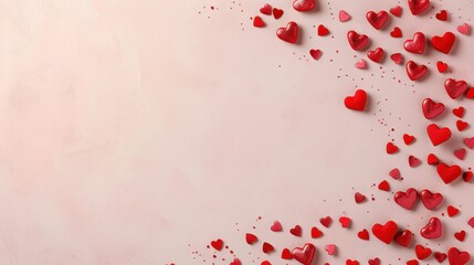 Wall Mural - red and pink hearts scattered on a light pink background, creating a romantic and festive valentine'