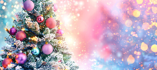 Wall Mural - A close-up of a decorated Christmas tree with pink ornaments and twinkling lights, set against a dreamy bokeh background of pink and blue hues