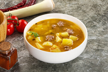 Soup with beef meatball and vegetables