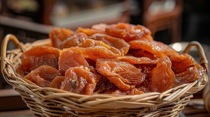 A basket full of dried peach meat