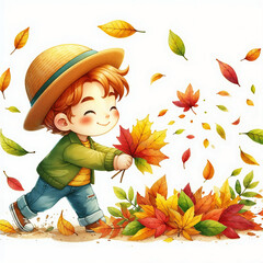 Wall Mural - Cute cartoon child with autumn leaves on white background. AI