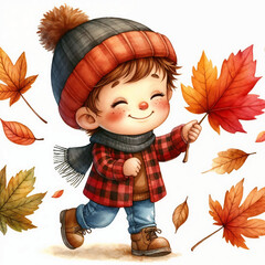 Poster - Cute cartoon child with autumn leaves on white background. AI