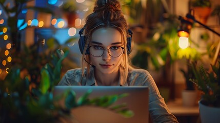 Wall Mural - A focused customer service agent, typing responses to customer inquiries on social media, in a cozy office setting. The background includes plants and soft lighting, creating a comfortable ambiance.