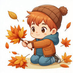 Wall Mural - Cute cartoon child with autumn leaves on white background. AI