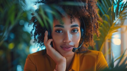 Canvas Print - A focused customer service agent, wearing a headset, answering a phone call with a concerned expression, in a cozy office setting. The background includes plants and soft lighting,