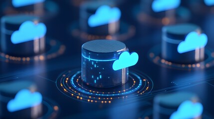 Poster - Digital cloud storage concept with blue cloud symbols on server-like structures, representing data management and cloud computing.