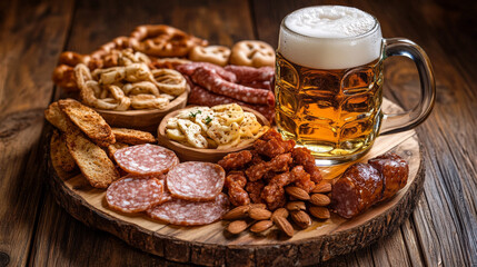 Grab a chilled beer and enjoy a variety of snacks on a wooden platter. It's time to celebrate Oktoberfest!