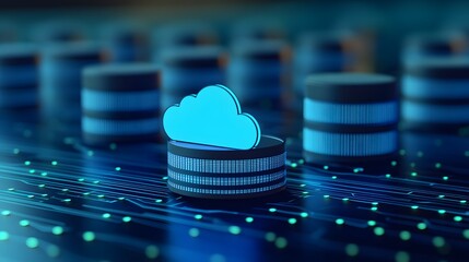 Poster - Digital cloud storage technology represents data management and virtual database cloud computing in a futuristic server environment.