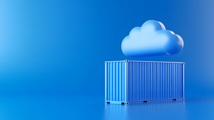 Poster - Digital illustration of cloud computing concept with a blue shipping container and cloud icon on a blue background.