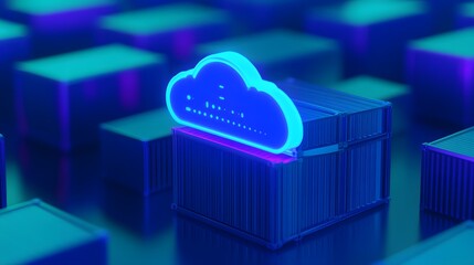 Poster - Digital illustration of cloud computing and data storage with a neon blue glowing cloud icon on server racks.