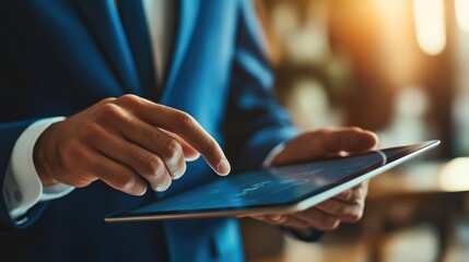 Close up businessman hand touching on screen of digital tablet