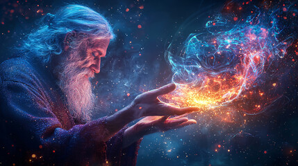a man in a robe holding a glowing orb in his hands. the image is a representation of a mystical figu